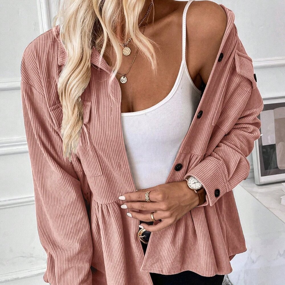 Baby Pink Casual Women's Front Button Ruffled Hem Jacket - Picture 3 of 7